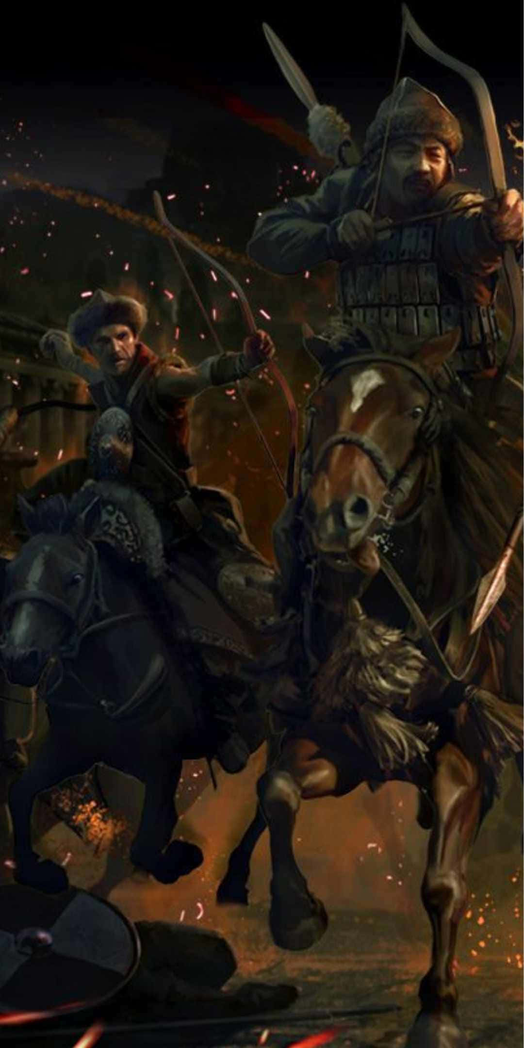 像素3《全面戰爭：阿提拉》漢族騎射兵背景 壁紙 — 兩名身穿鎧甲的戰士騎著奔騰的駿馬，拉弓向前衝鋒，周圍火花四濺，戰場殘骸飛揚。