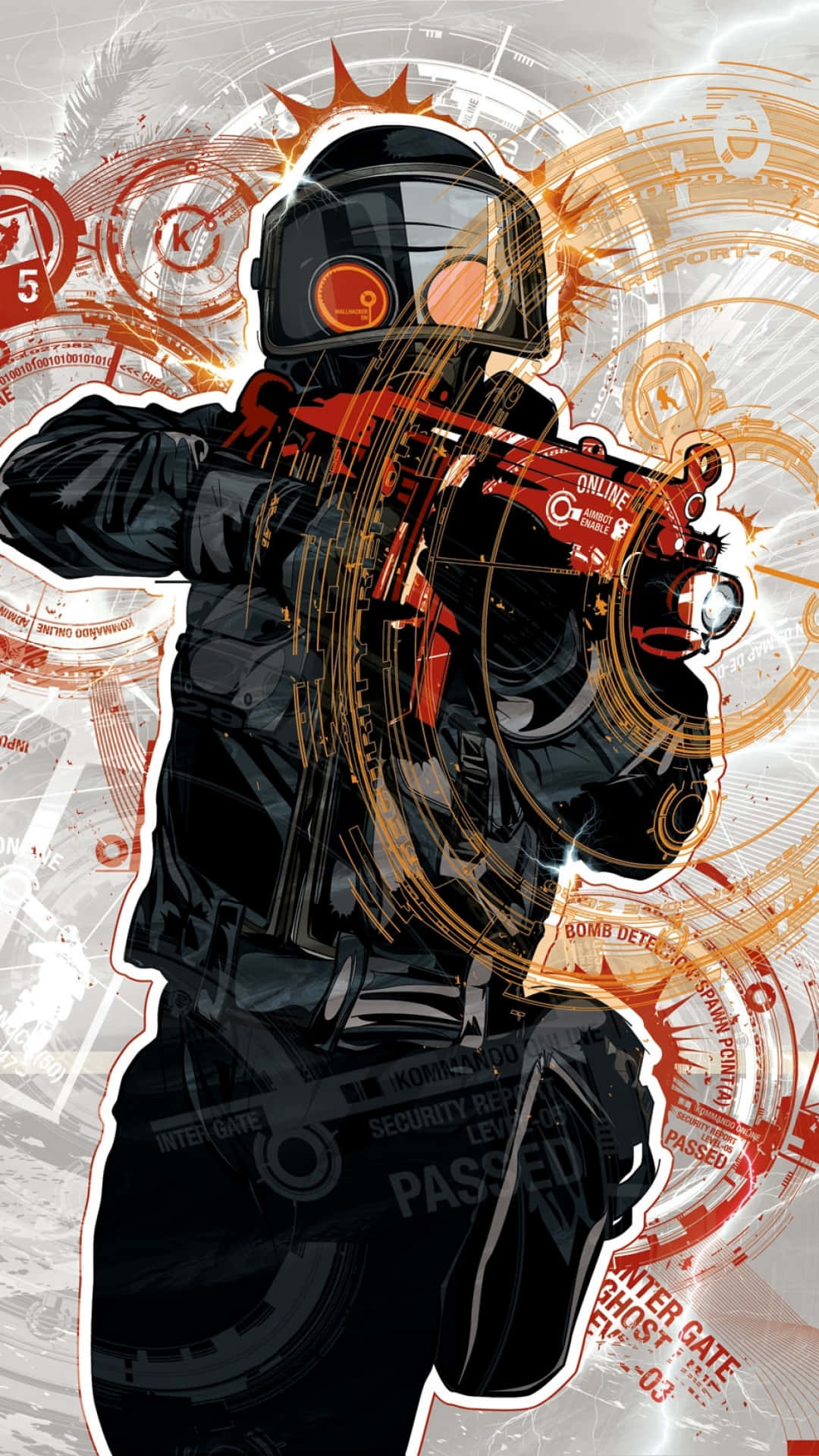 像素3《反恐精英：全球 Offensive》反恐隊員指槍壁紙 壁紙 — 一名身穿黑色裝甲的未來士兵在旋轉的數字數據和安全界面圖形中瞄準高科技武器。