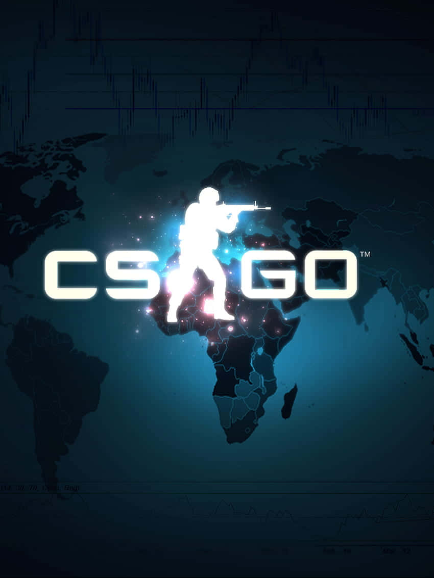像素3《反恐精英：全球 Offensive》背景圖，閃耀CSGO標誌 壁紙 — 一個發光的白色士兵瞄準步槍的剪影從藍色世界地圖中浮現，地圖上覆蓋著金融圖表和發光的 CS GO 標誌。