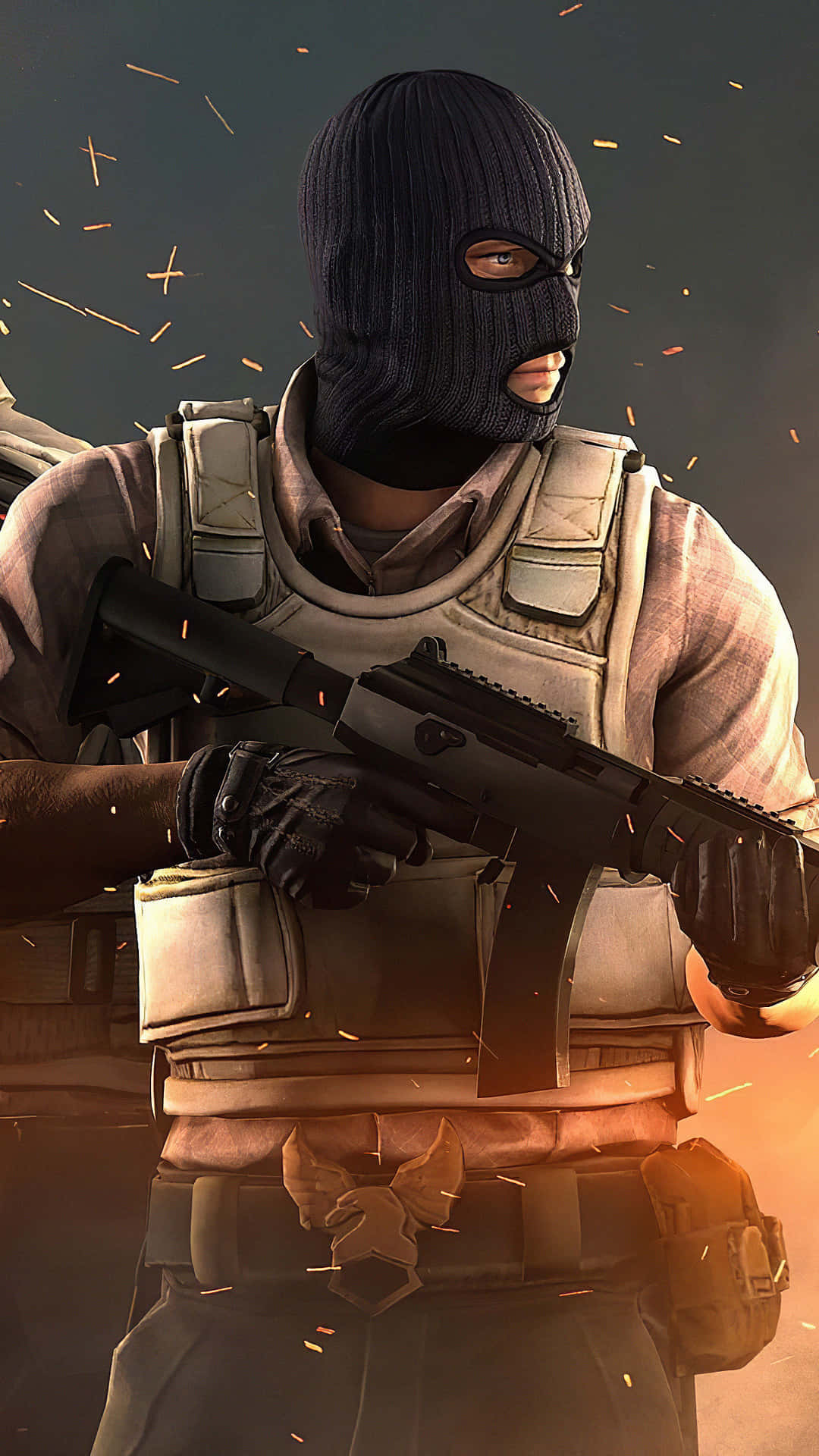 像素3《反恐精英：全球 Offensive》恐怖分子凝視壁紙 壁紙 — 一名戴著面具的士兵身穿戰術裝備，在 gritty 的戰鬥場景中手持步槍，火花四濺。