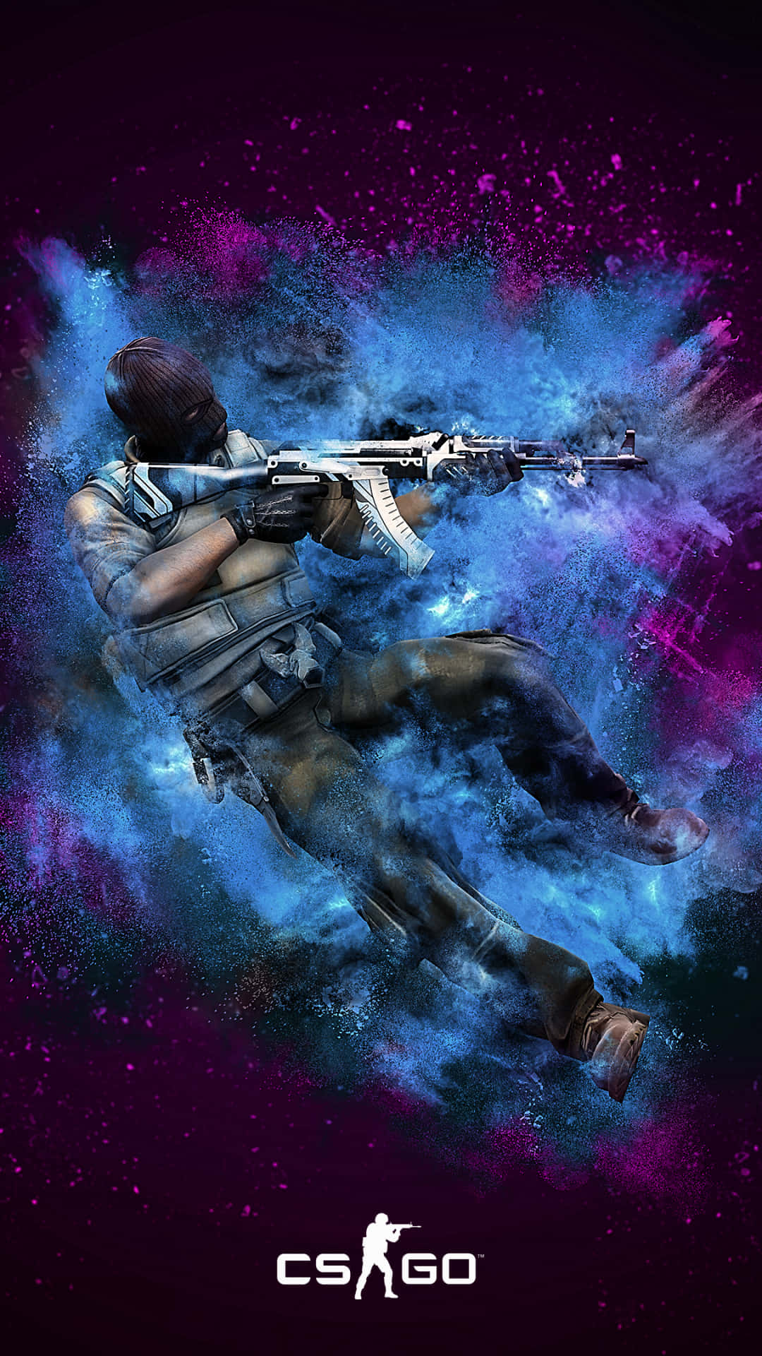 像素3《反恐精英：全球 Offensive》背景浮空 壁紙 — 一名身穿戰術裝備的CS:GO反恐精英在充滿活力的藍色和紫色宇宙爆炸中開火射擊步槍。