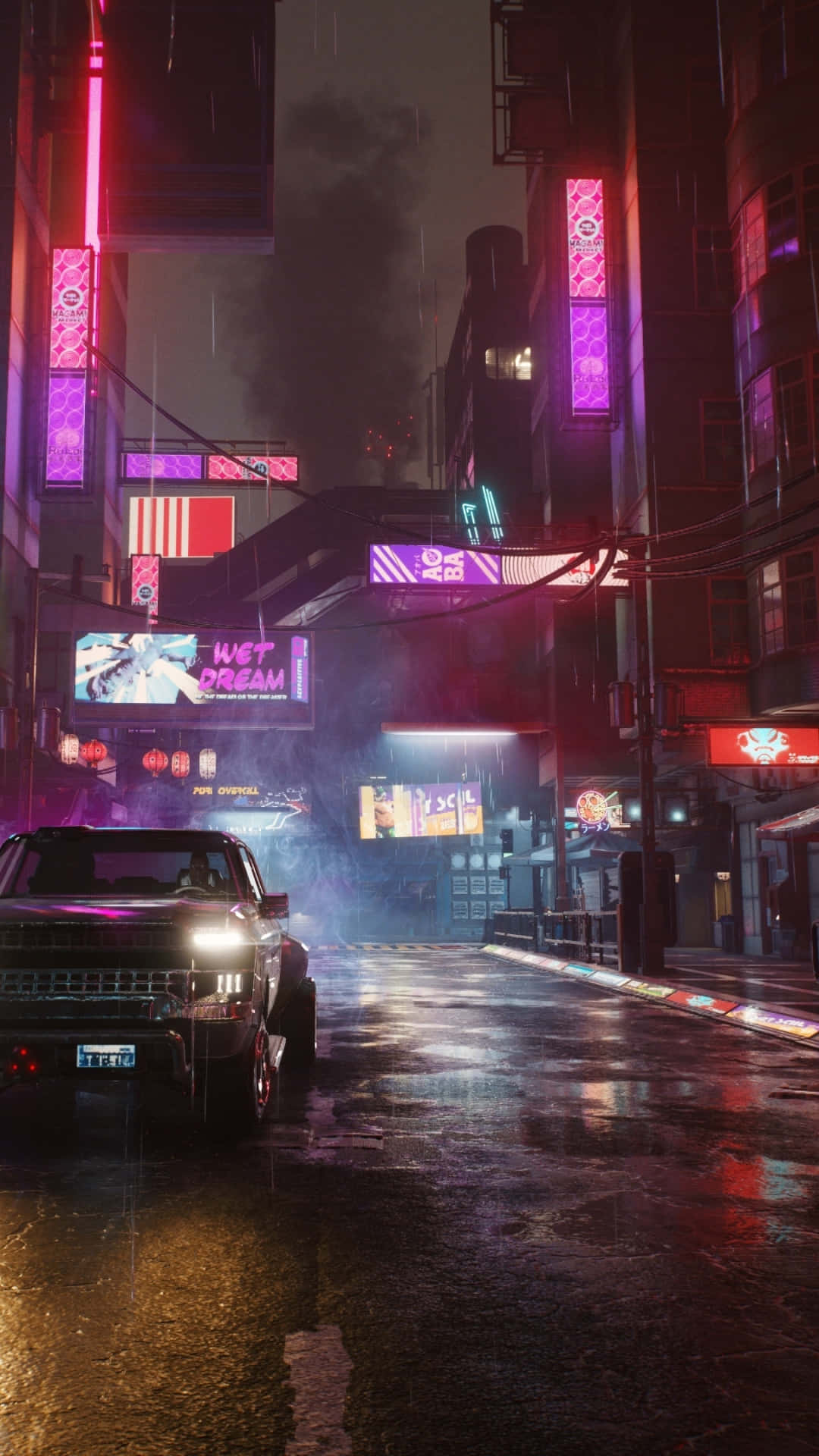 像素3《賽博朋克2077》夜間街景背景 壁紙 — 一條被雨水淋濕的賽博朋克街道，夜晚被鮮豔的霓虹招牌照亮，倒映在濕漉漉的路面上。