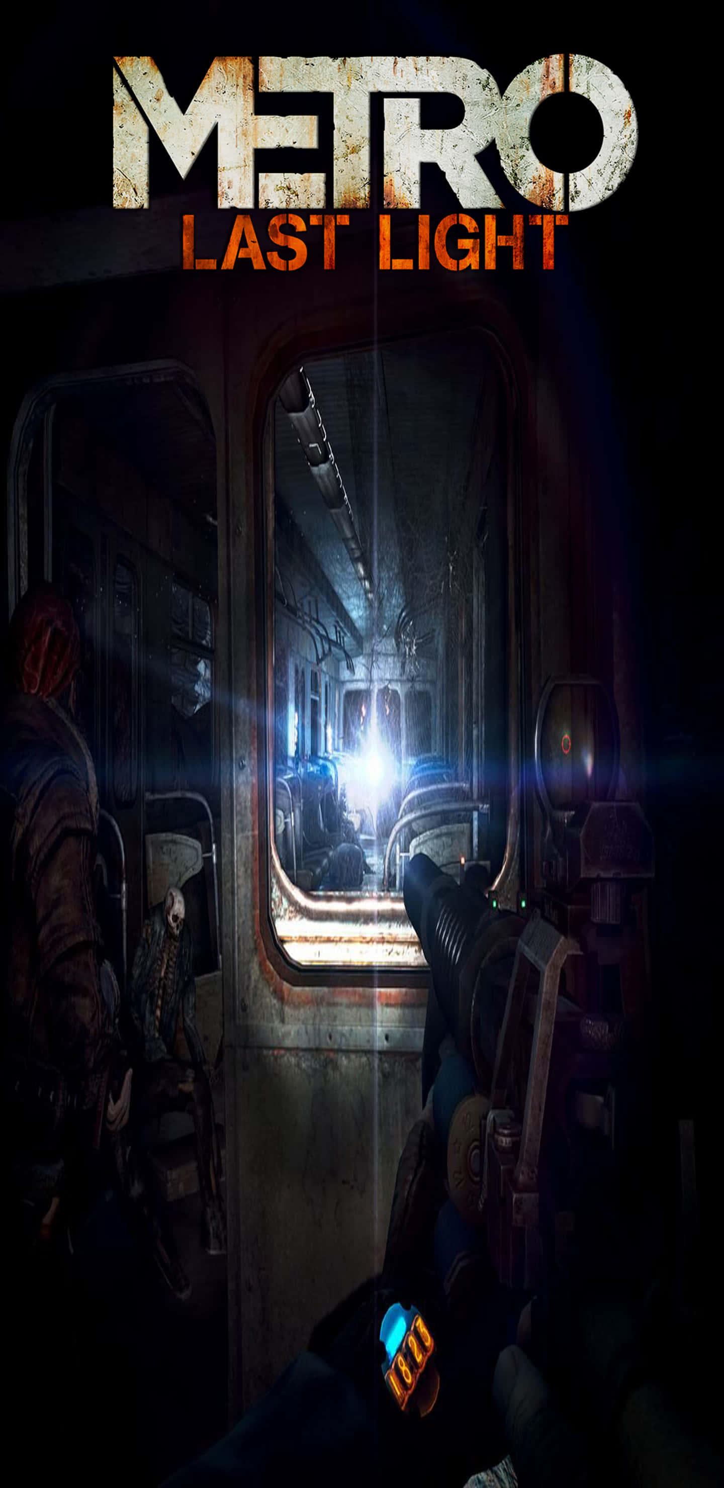 像素3XL《Metro：最後的光明》廢棄火車背景 壁紙 — 從生鏽的地鐵車廂內部以第一人稱視角觀看，黑暗的地下鐵路前方有明亮的光線。