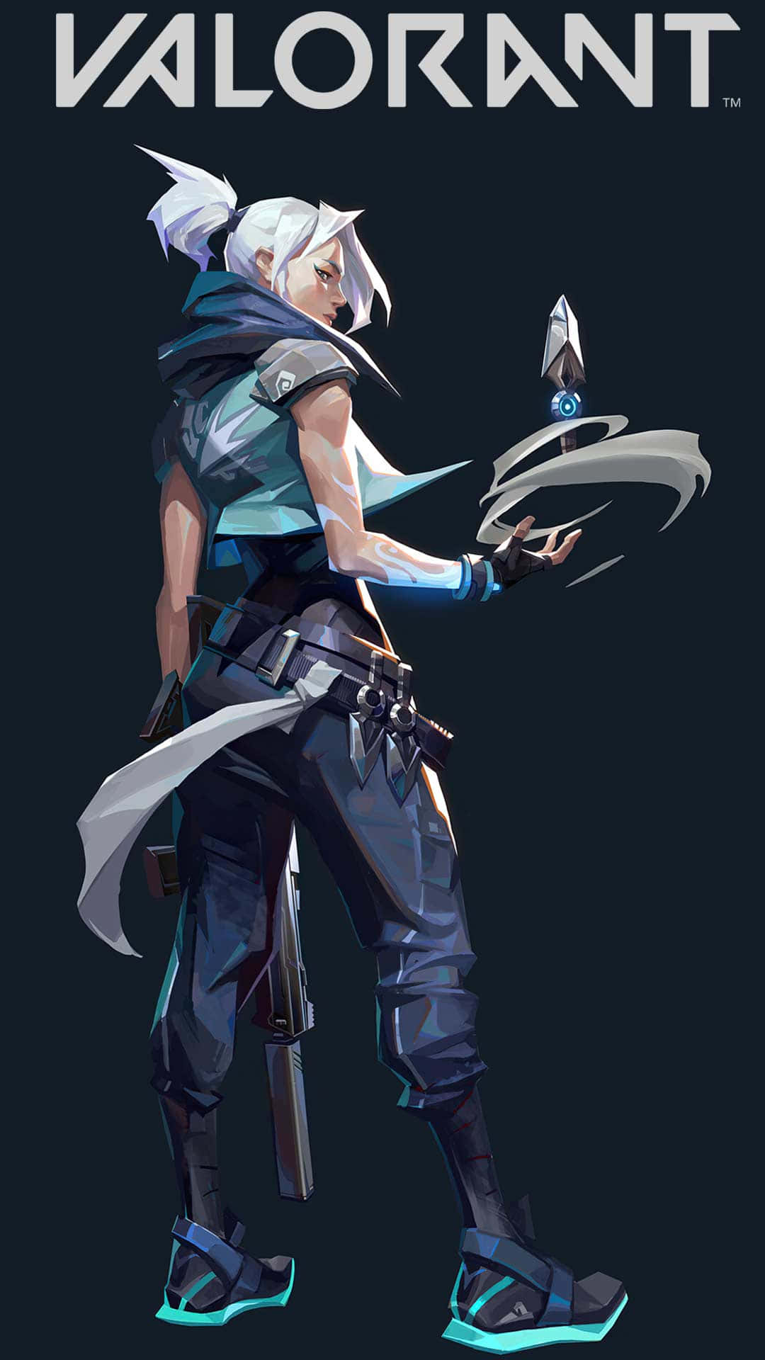 像素3XL Valorant背景搭配Jett 壁紙 — 一個白髮、穿著發光藍色鞋子的Valorant角色，在黑暗背景下手持未來武器。
