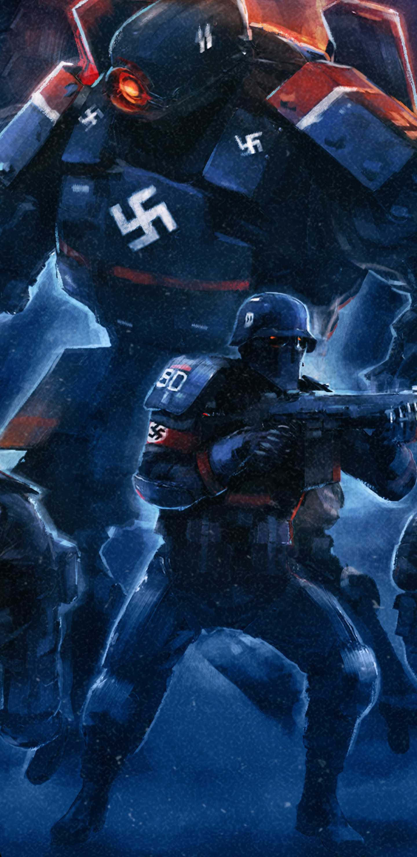 像素3XL《Wolfenstein II》背景：Zerstorer機械戰鬥場景 壁紙 — 一名身穿深藍和紅色裝甲、帶有卐字標誌的士兵，在雪地戰場上站在一架高聳的機甲旁。
