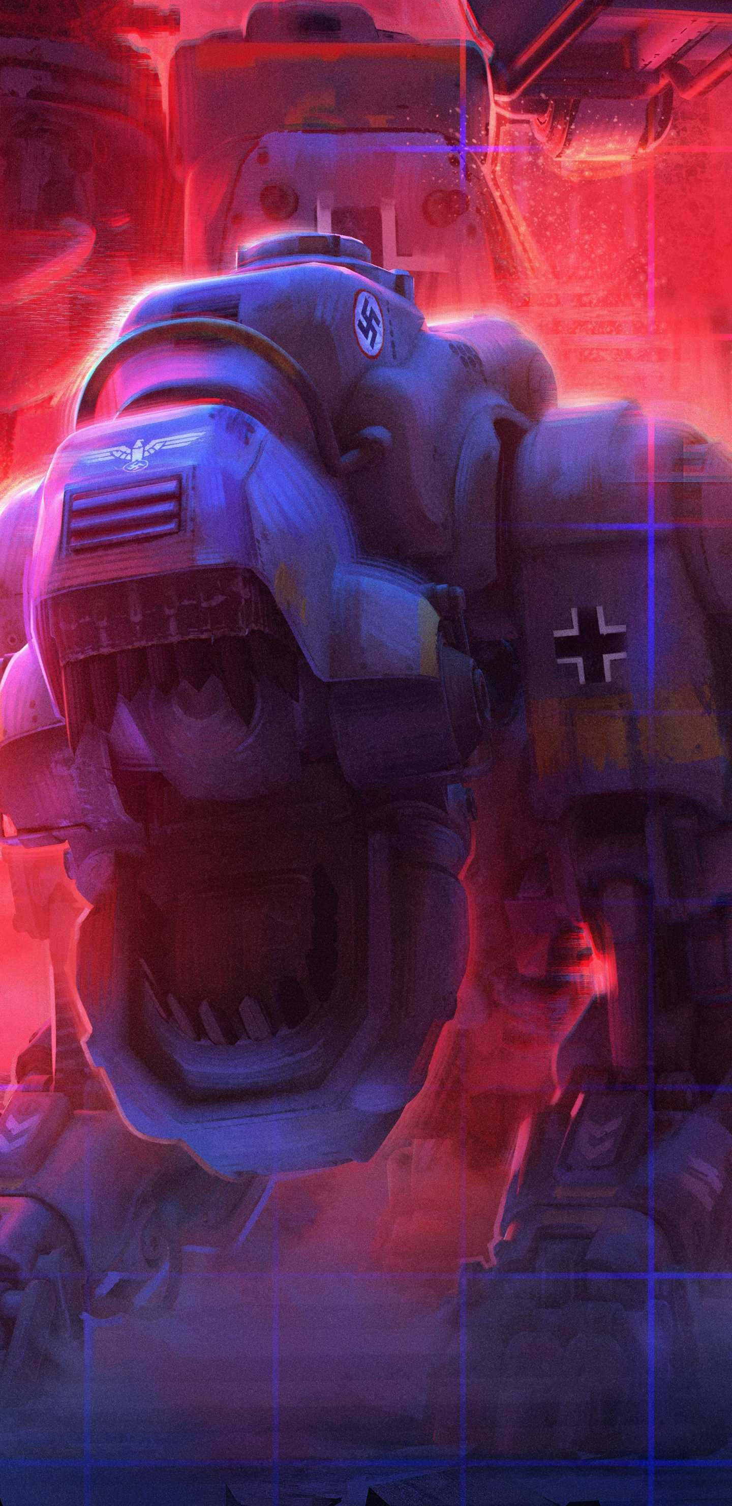 像素3XL《Wolfenstein II》遊戲高畫質背景 壁紙 — 一架帶有納粹標誌的藍色裝甲機甲在發光的紅色和紫色網格背景上咆哮。