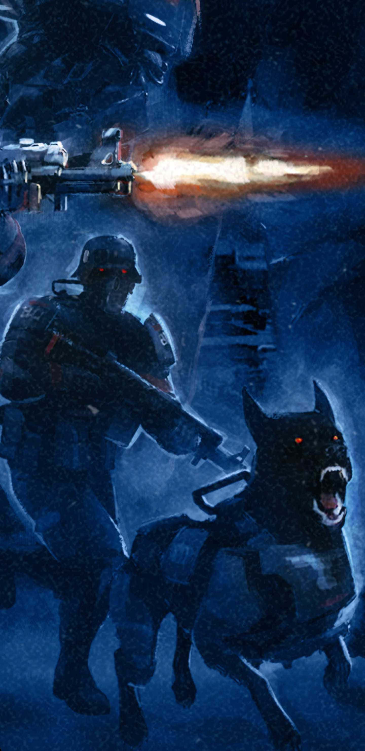 像素3XL《Wolfenstein II》遊戲背景：激烈遊戲畫面 壁紙 — 一名士兵和裝甲狗在深藍色的雪地戰場上衝鋒，武器發射出明亮的橙色爆炸。