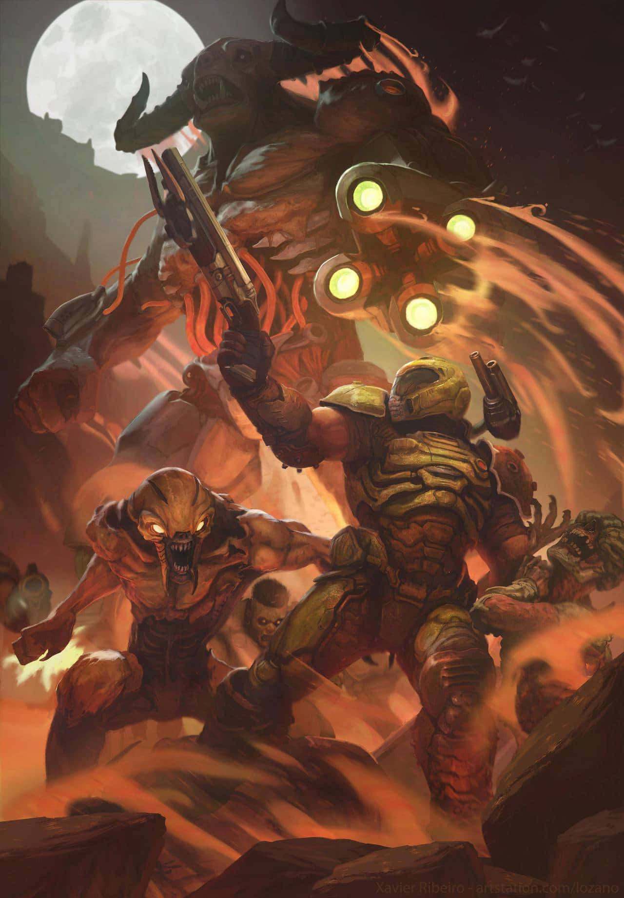 像素3XL風格《DOOM》角色月夜背景肖像 壁紙 — 身穿金色盔甲的戰士在滿月下，在熾熱的外星景觀中與怪物戰鬥。
