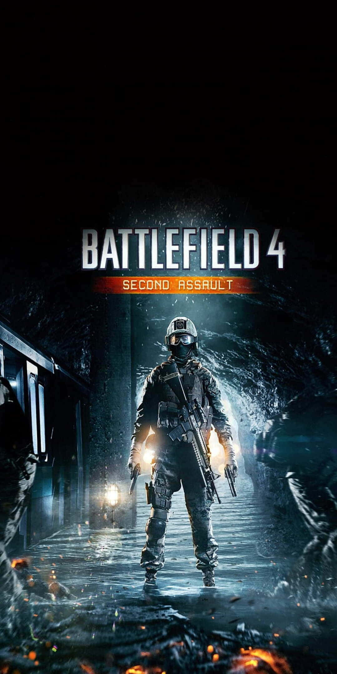 像素3戰地4背景遊戲封面 壁紙 — 一名全副武裝的士兵站在黑暗潮濕的隧道中，有發光的餘燼和上方的 Battlefield 4 標誌。