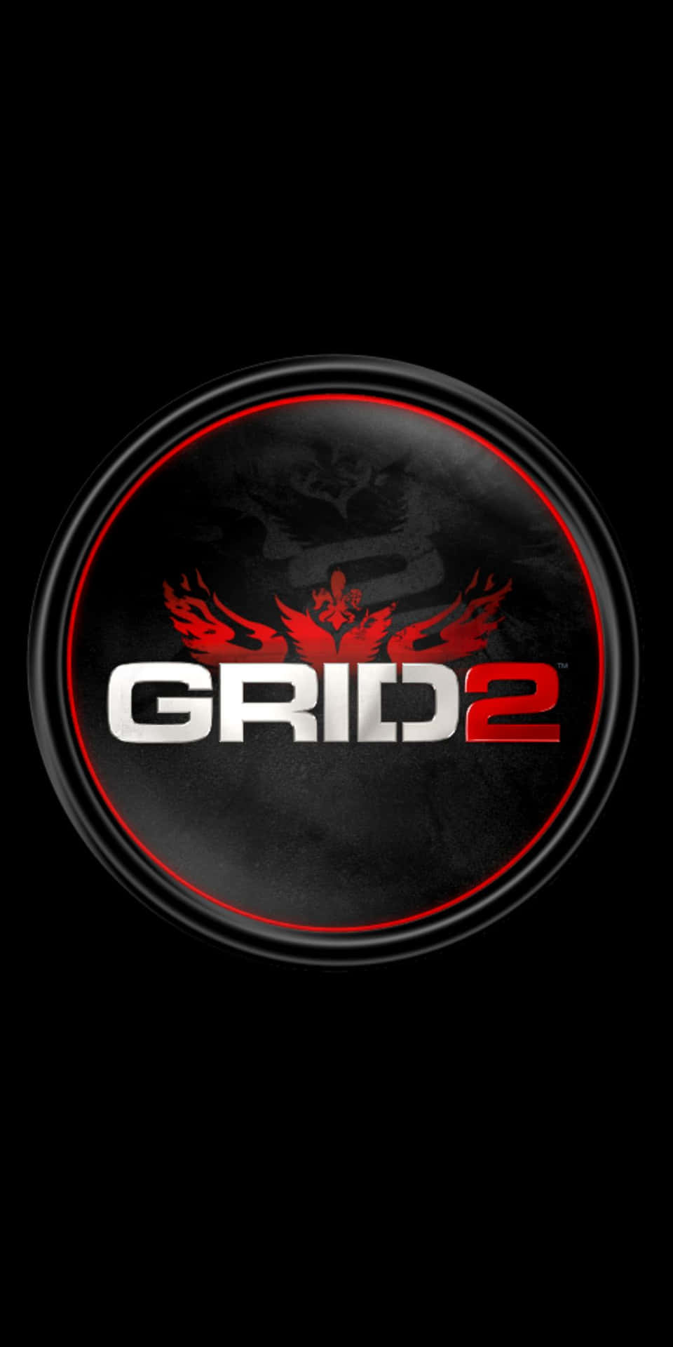 黑色圓形背景上帶有紅色翅膀的 GRID 2 賽車遊戲標誌。