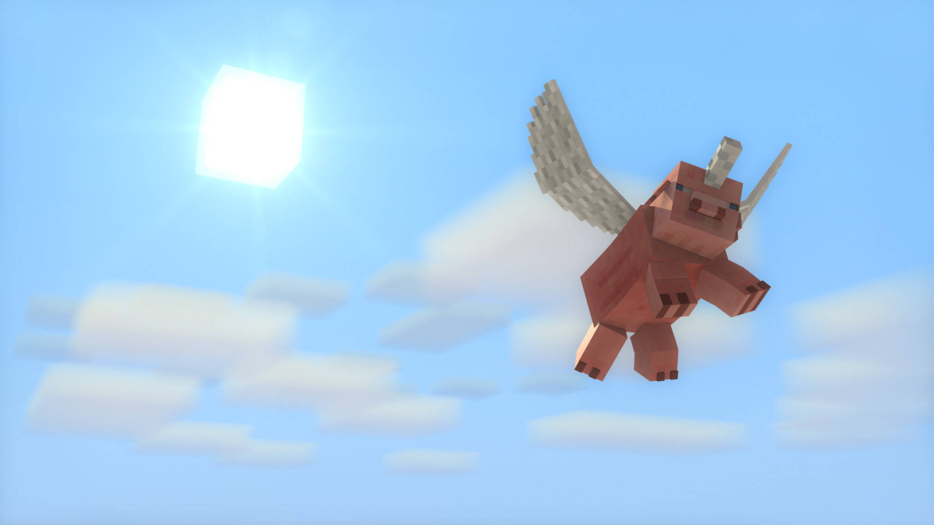 一隻有翼嘅飛天豬喺Minecraft風格方塊天空，有太陽同雲。