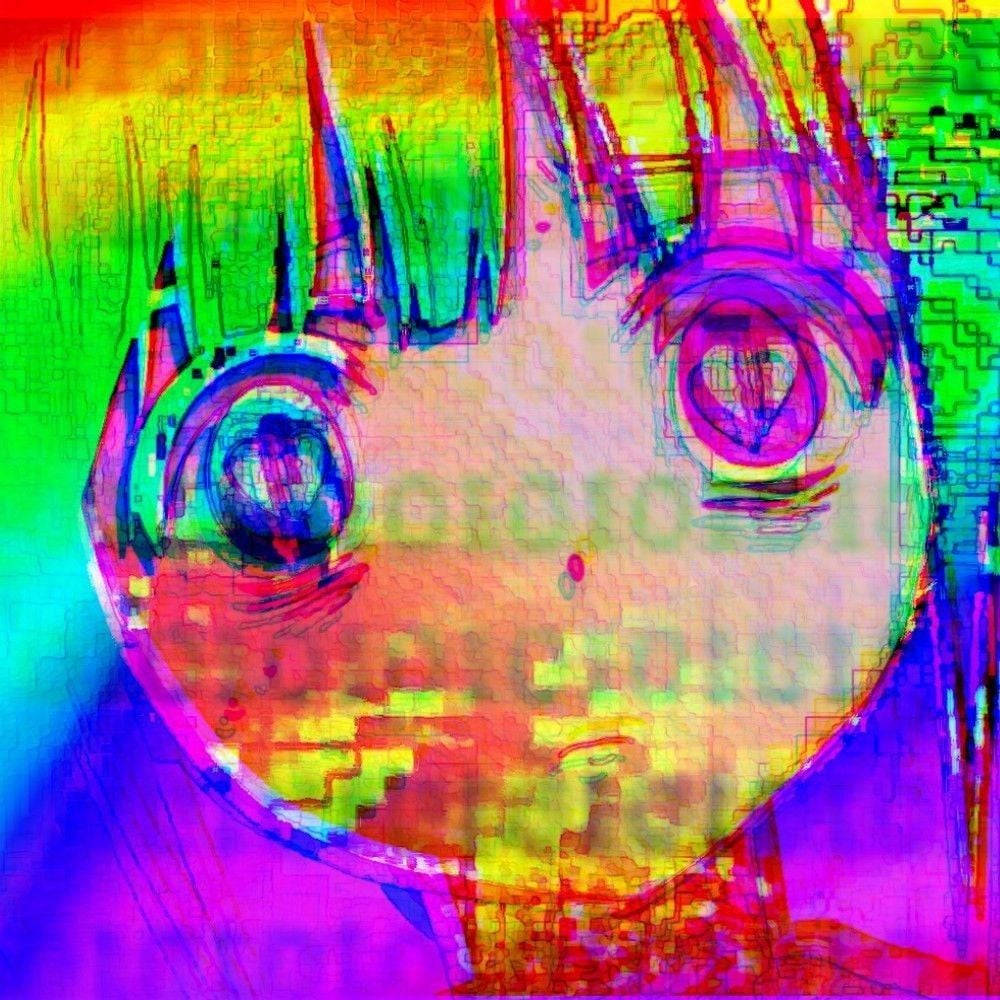 像素化 Glitchcore 壁紙 — 一個帶有鮮豔彩虹色和像素化扭曲效果的故障藝術動漫女孩面孔。
