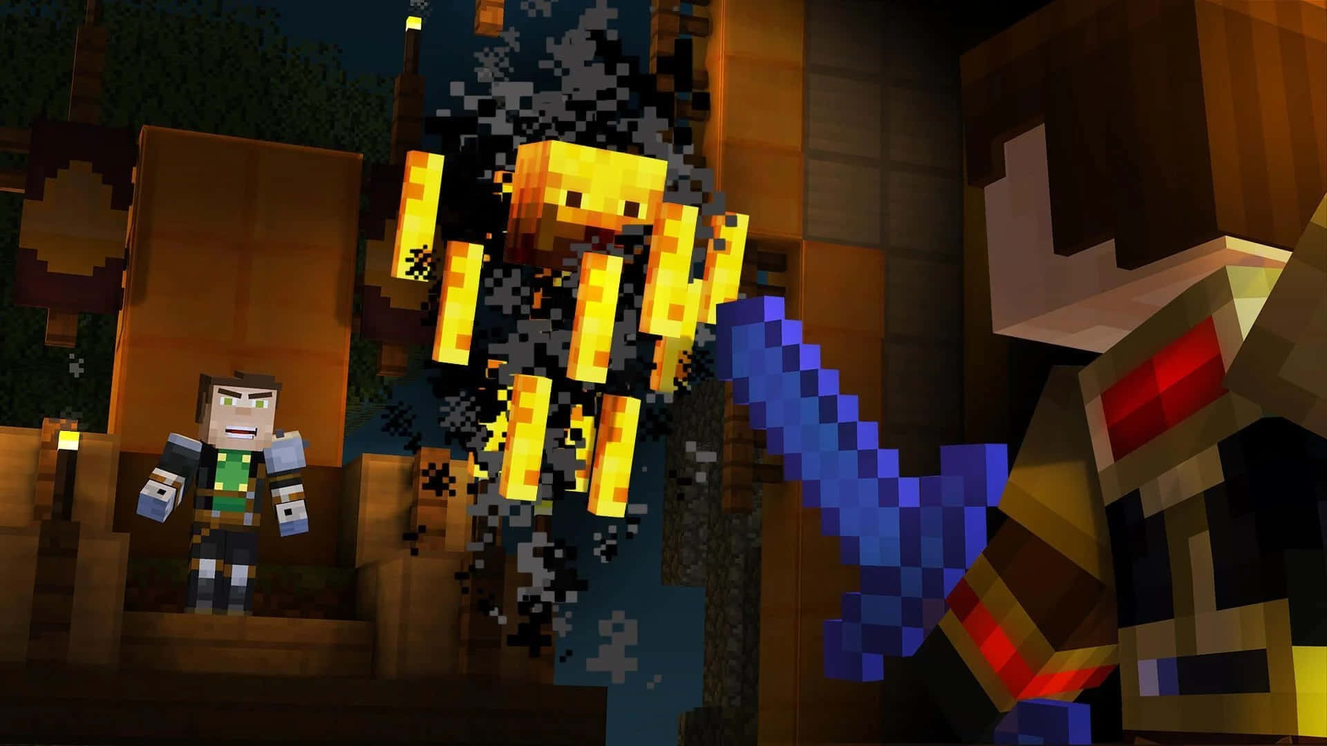 Minecraft Blaze 桌布 壁紙 — 像素化Minecraft玩家在夜間木結構中與發光金色苦力怕戰鬥。