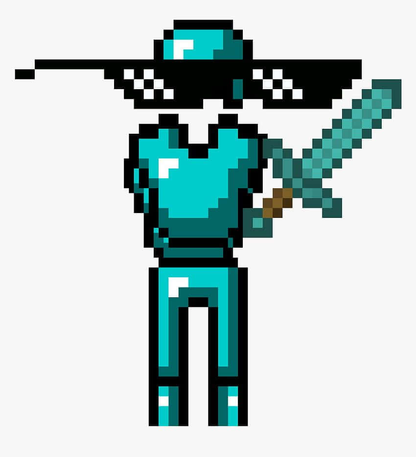 Minecraft Armor 桌布 壁紙 — 像素化Minecraft角色，身穿青色服裝和格仔帽，手持劍，背景為純色。
