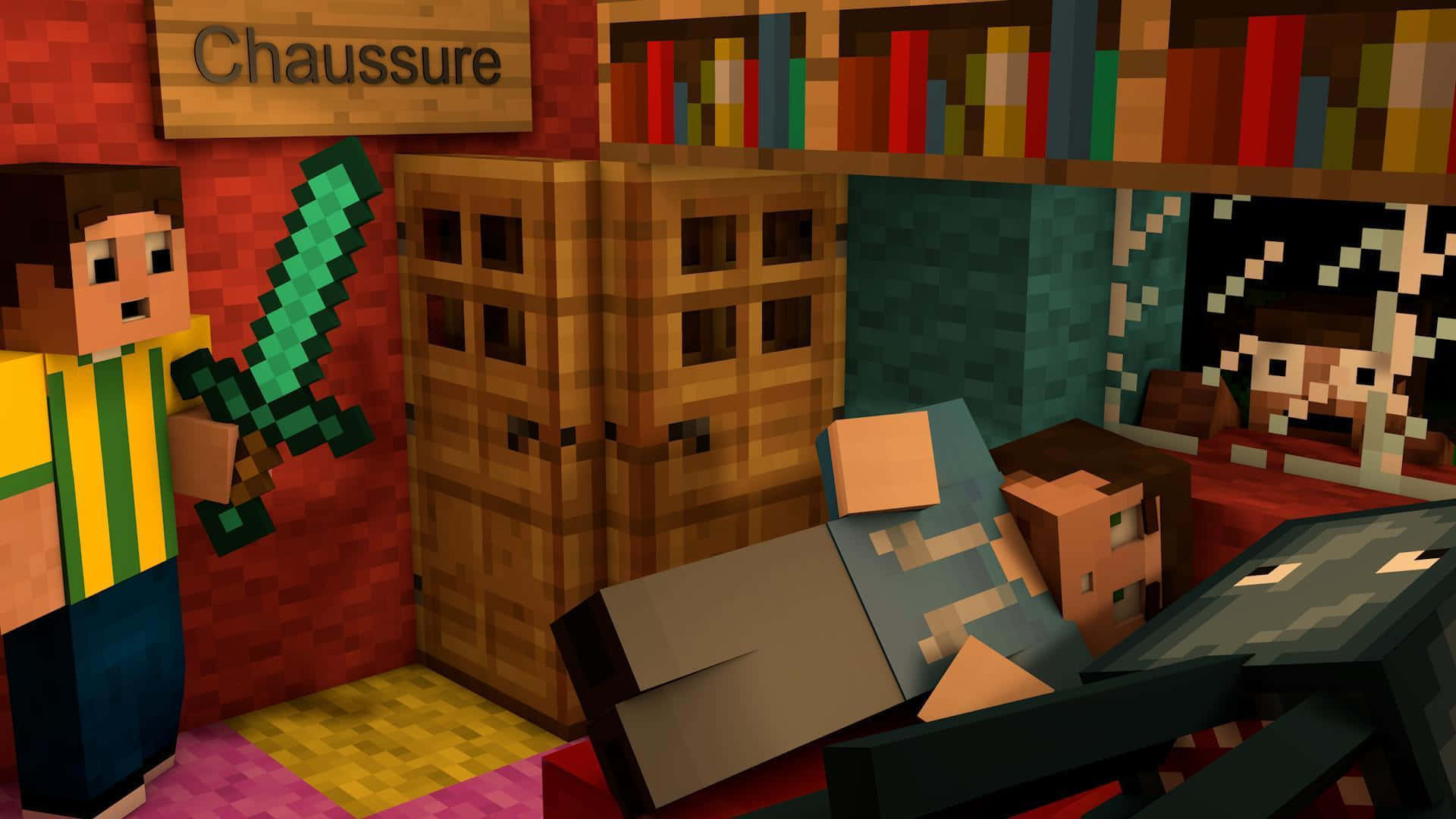 Minecraft Story Mode 桌布 壁紙 — 像素化Minecraft角色在一個舒適的房間裡，有書架和一把劍。