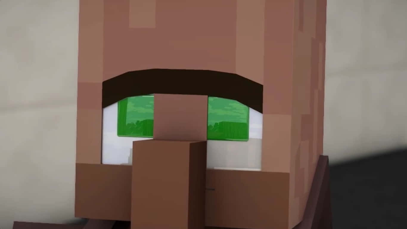 Minecraft Villager 桌布 壁紙 — 像素化Minecraft角色面孔的特寫，綠色眼睛反射出草地景觀。