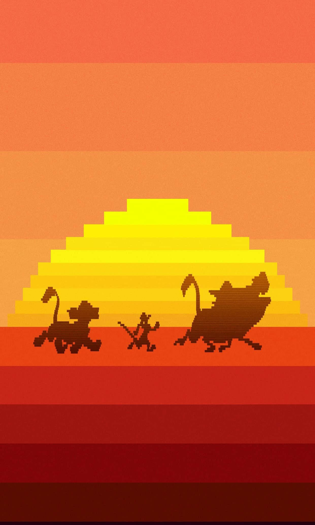Aesthetic Disney 桌布 壁紙 — 像素化剪影：辛巴、娜娜、丁滿和彭彭在鮮豔的日落漸變背景下奔跑。