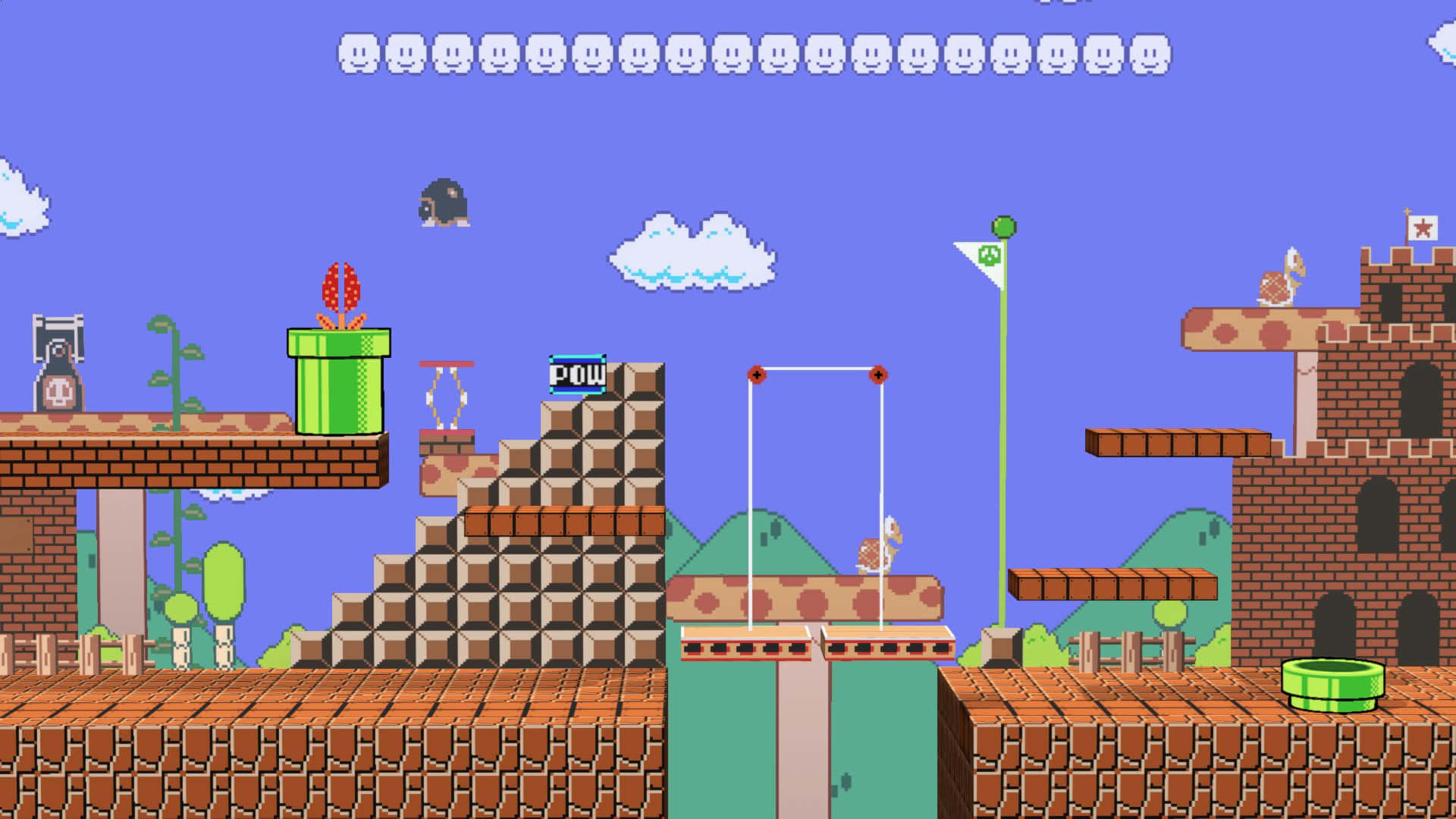 Mushroom Kingdom 桌布 壁紙 — 像素化嘅Mario平台場景，有磚頭關卡、綠色水管同城堡，喺藍天白雲之下。