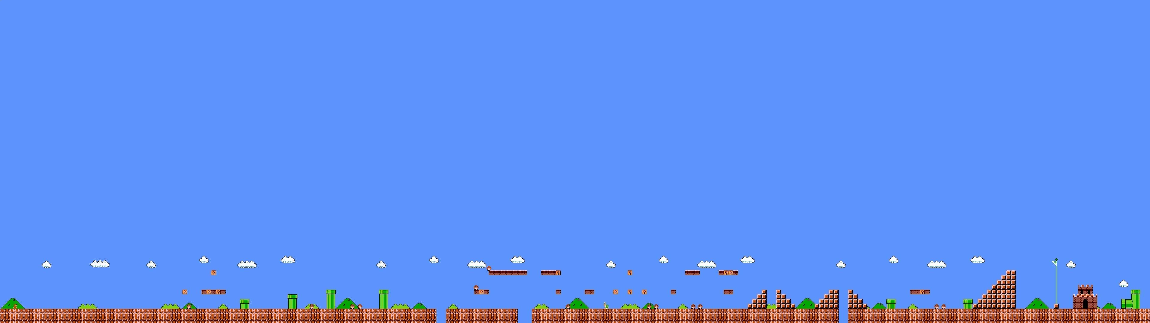 雙螢幕 桌布 壁紙 — 像素化嘅Mario遊戲關卡，有藍天、綠色水管同啡色磚頭平台，喺明亮日光下。