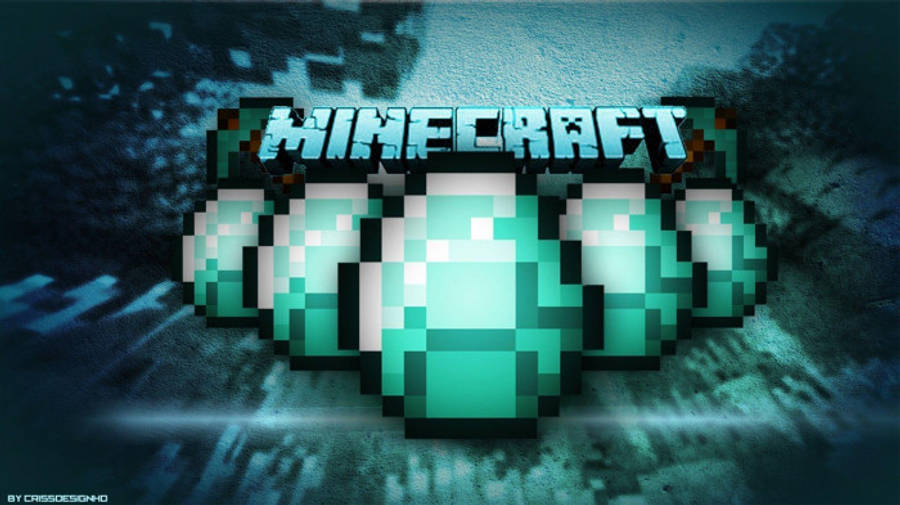 遊戲 桌布 壁紙 — 像素化嘅Minecraft標誌，帶有發光綠色鑽石，背景係深色紋理。