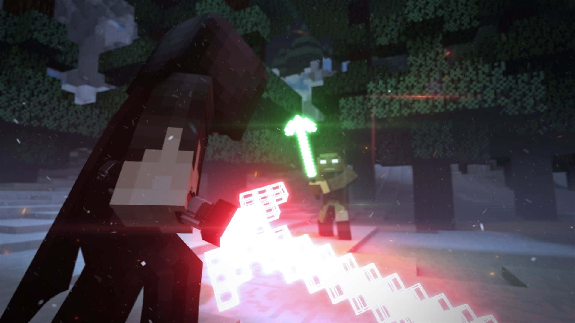Best Minecraft 桌布 壁紙 — 像素化嘅Minecraft玩家喺夜晚嘅雪森林入面揮舞發光嘅劍同喪屍戰鬥。