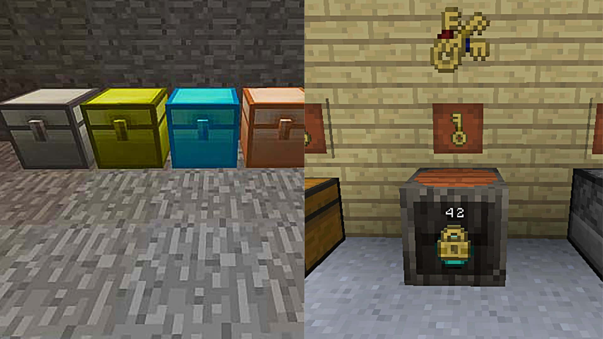 Minecraft Mods 桌布 壁紙 — 像素化嘅Minecraft箱喺石室入面，有金色鎖匙同一個鎖住咗嘅箱顯示數字42。