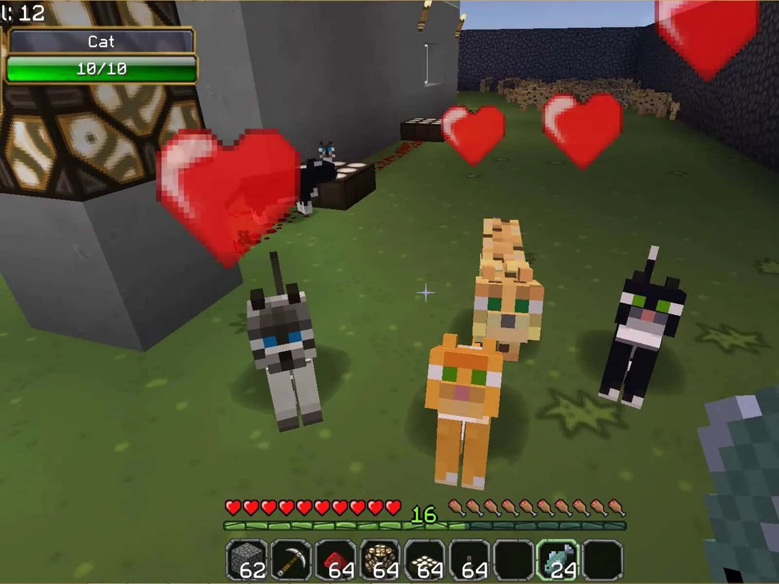 Minecraft Ocelot 桌布 壁紙 — 像素化嘅Minecraft貓喺愛情模式，有浮動心形喺草地塊狀世界。