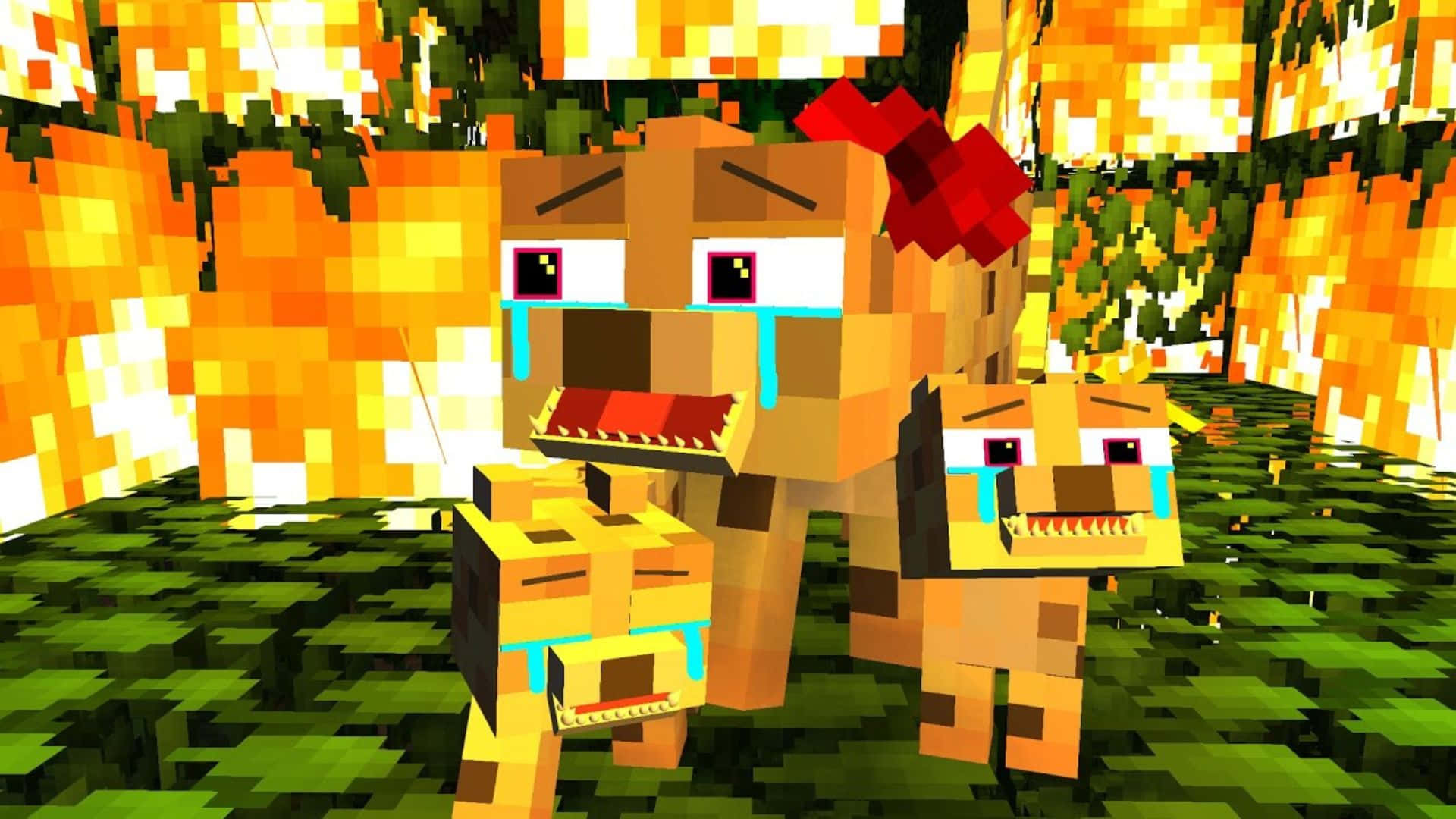 Minecraft Ocelot 桌布 壁紙 — 像素化嘅Minecraft風格狗仔戴住紅色蝴蝶結，喺火辣辣嘅橙色同綠色像素森林入面喊出藍色眼淚。