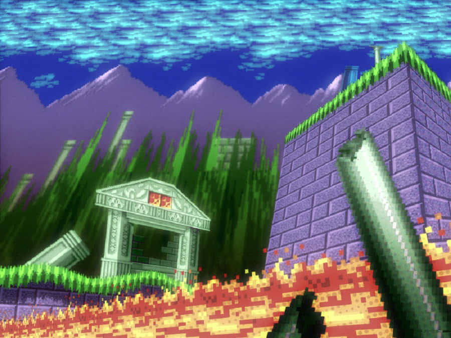 Sonic Marble Zone 桌布 壁紙 — 像素化嘅電子遊戲場景，有熾熱嘅熔岩、紫色嘅磚結構，同埋遠處喺藍天下嘅雪山。
