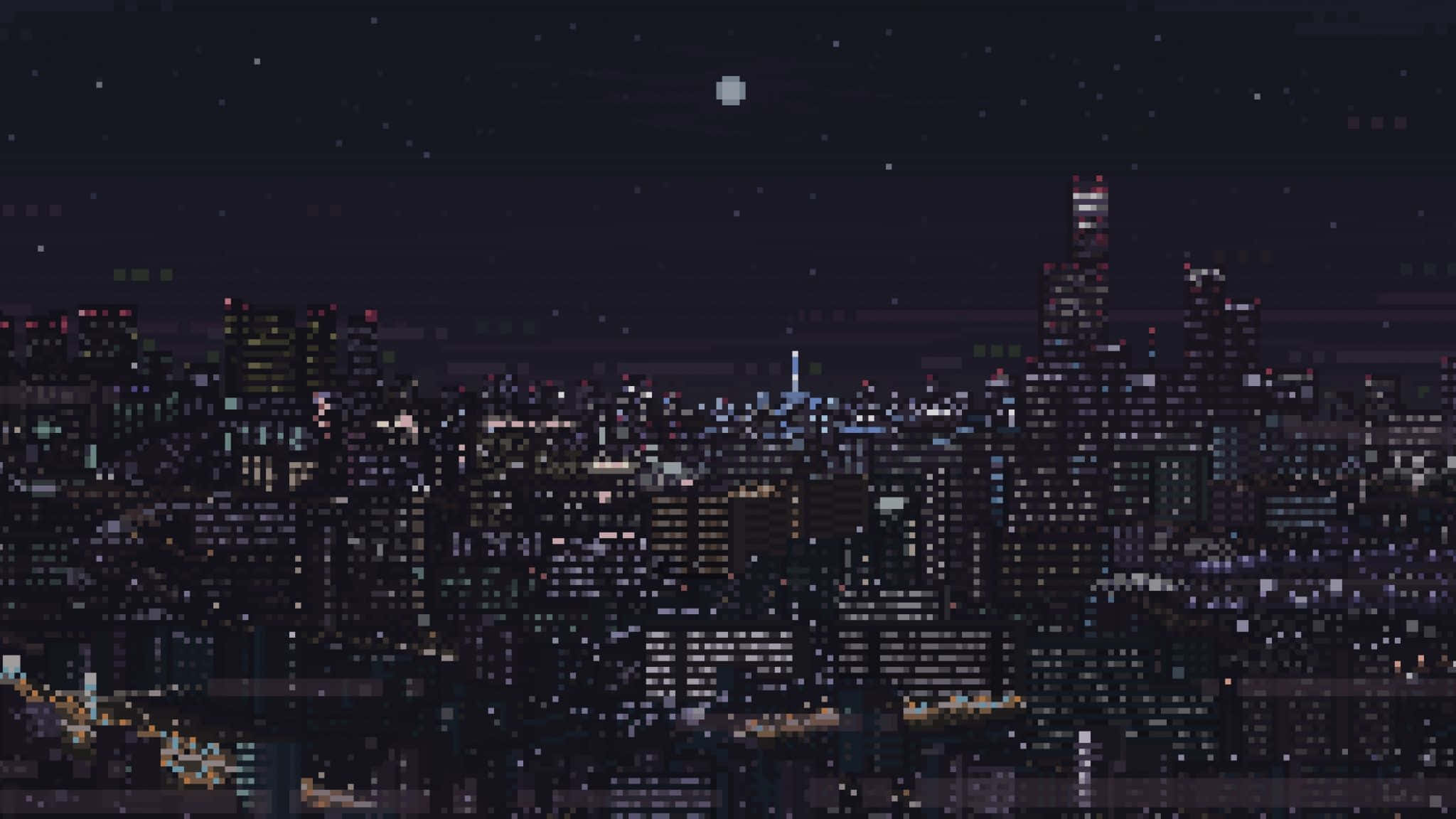 Aesthetic YouTube 桌布 壁紙 — 像素化城市天際線，夜晚星空下，明亮的月亮照耀著高聳的建築物。
