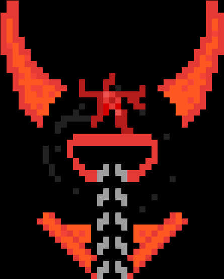 像素化惡魔角骷髏 壁紙 — 一個像素化的紅橙色惡魔面孔，有角和尖刺項圈，背景為黑色。