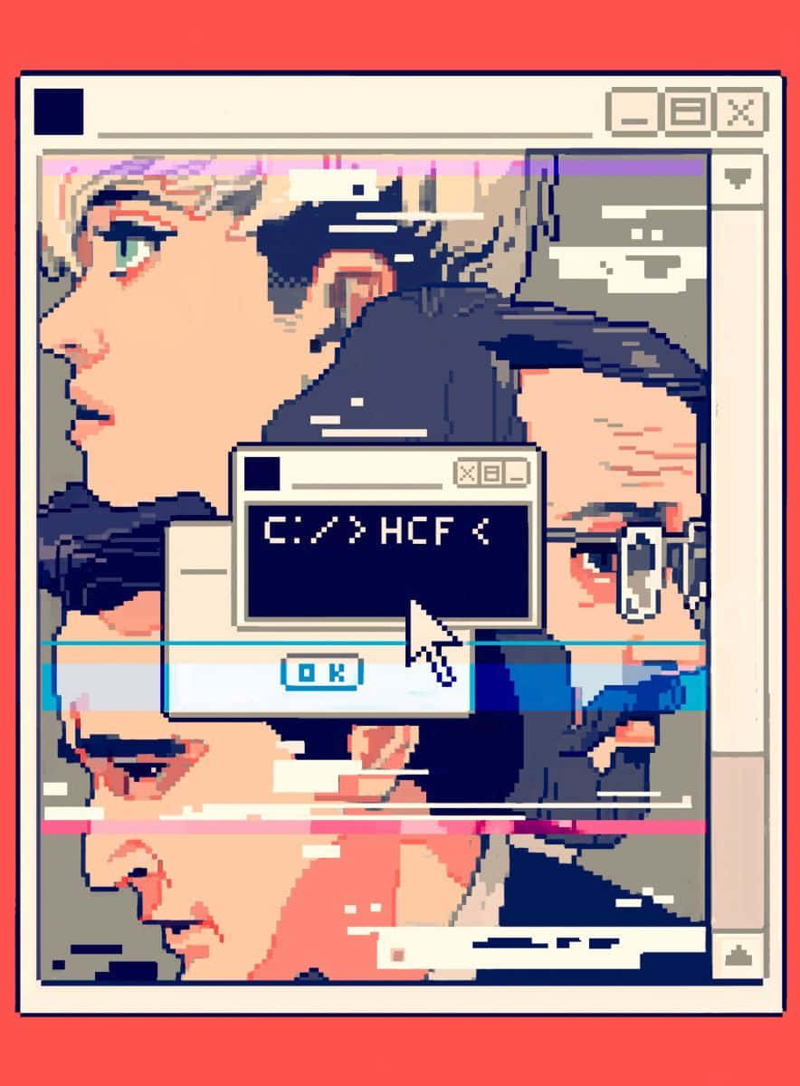 Game Design 桌布 壁紙 — 像素化故障藝術，在顯示 'HCF' 的復古電腦命令視窗後方有重疊的臉孔。