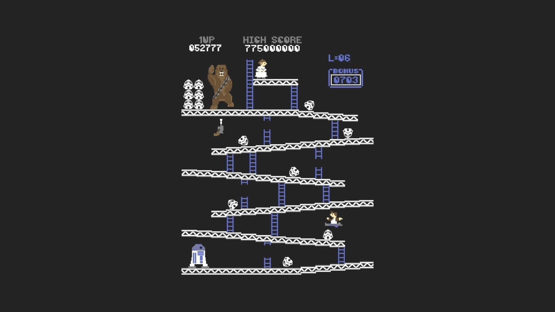 Retro Gaming 桌布 壁紙 — 像素化星球大戰遊戲場景，黑暗背景上有 Chewbacca 和 R2-D2，以及分數和梯子。