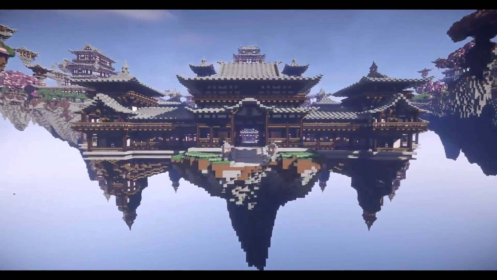 Minecraft Map 桌布 壁紙 — 像素化漂浮的中國寺廟建築群在清澈藍天下完美倒映在平靜的水面上。