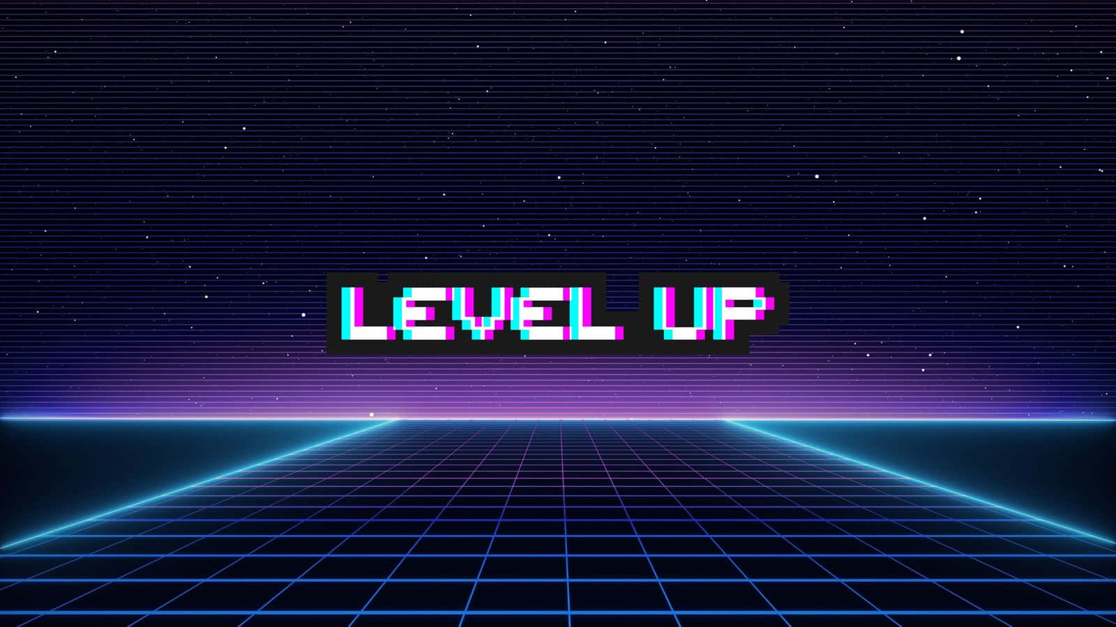 Cool Desktop 桌布 壁紙 — 像素化的「LEVEL UP」文字在復古未來風格的網格和星空夜空背景下，以故障效果發光。