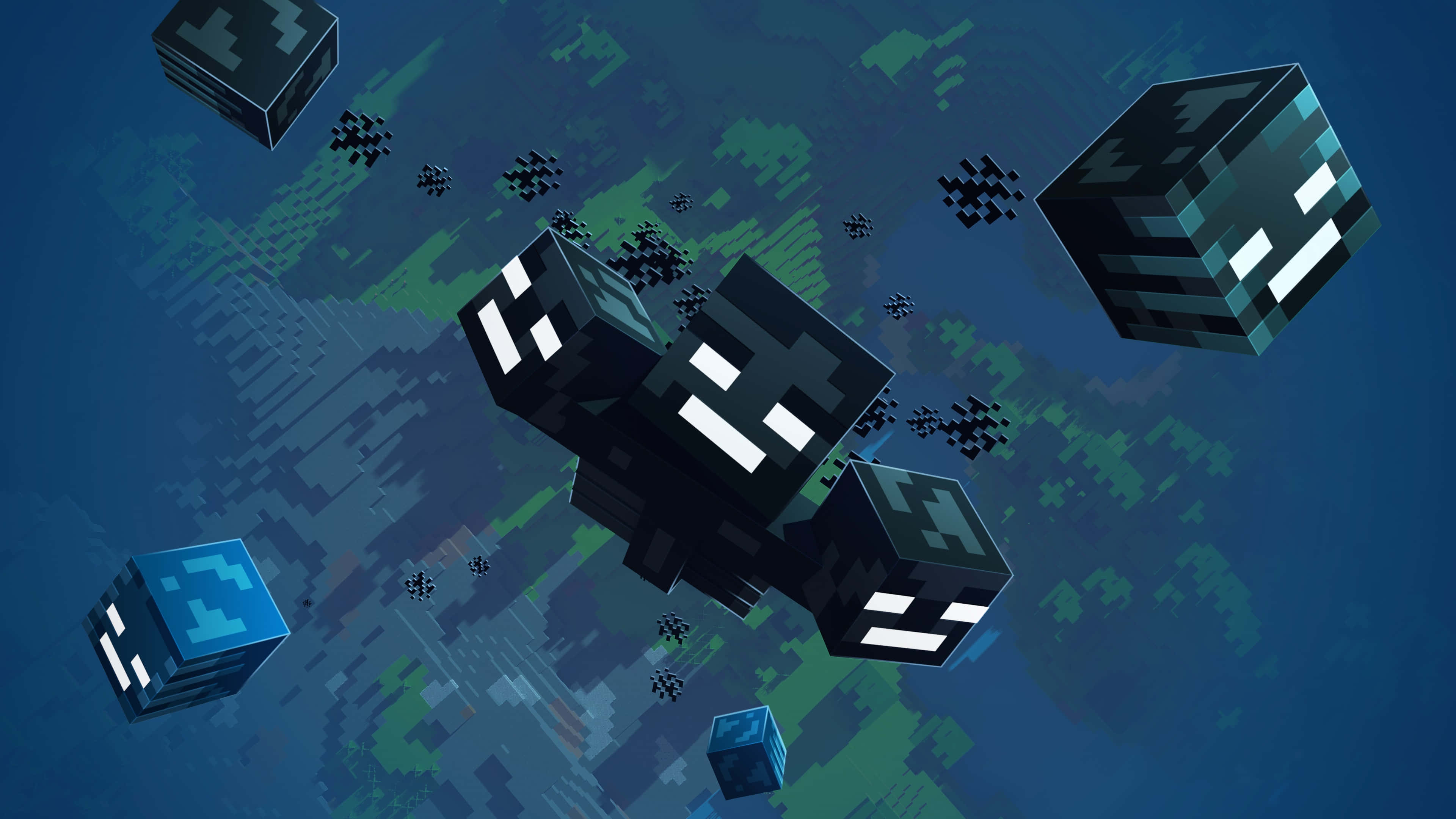 Minecraft Wither 桌布 壁紙 — 像素化的 Minecraft 爬行者漂浮在暗黑天空下由藍色和綠色方塊組成的地形上。