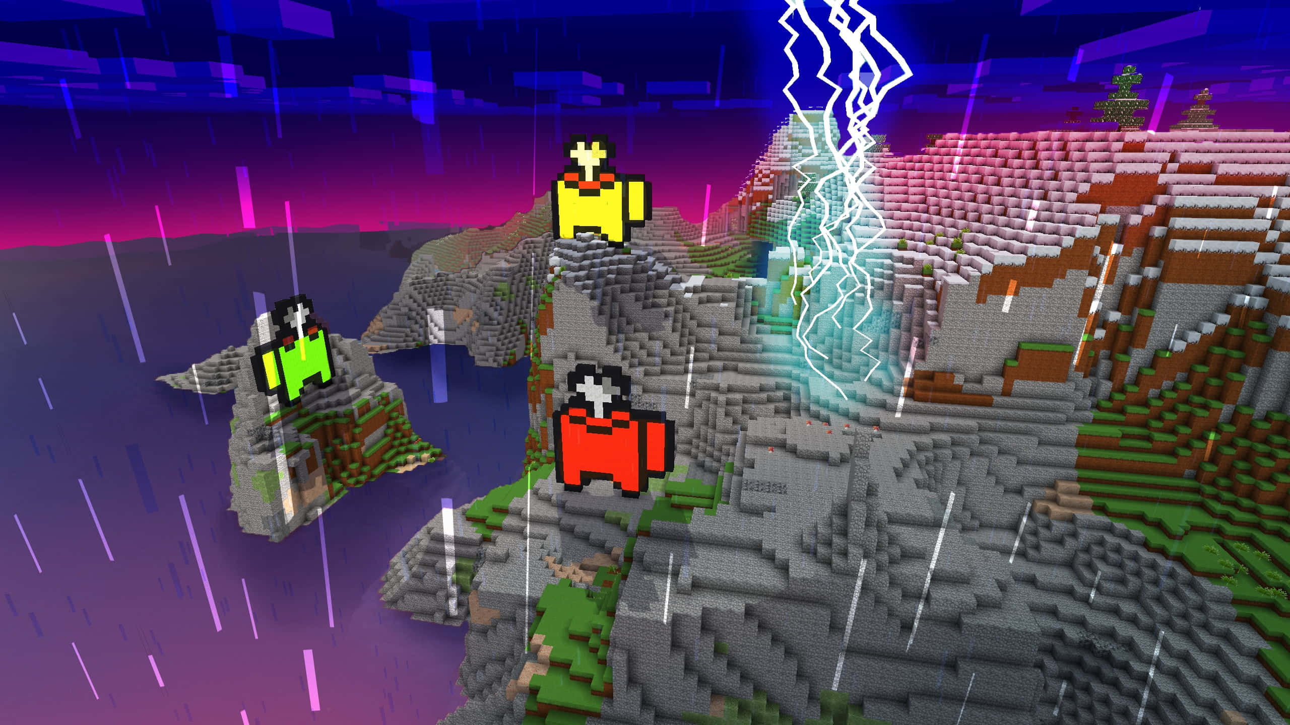 Minecraft Adventure 桌布 壁紙 — 像素化的Among Us船員站在方塊狀的Minecraft懸崖上，閃電擊中，雨水在紫色天空下落下。