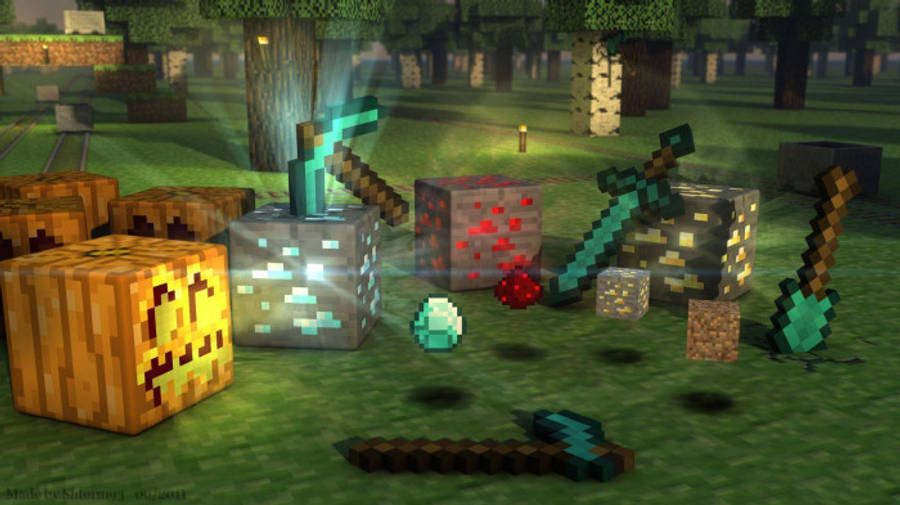 樹 桌布 壁紙 — 像素化的Minecraft物品，包括鑽石工具和傑克南瓜燈，在森林空地中發光。