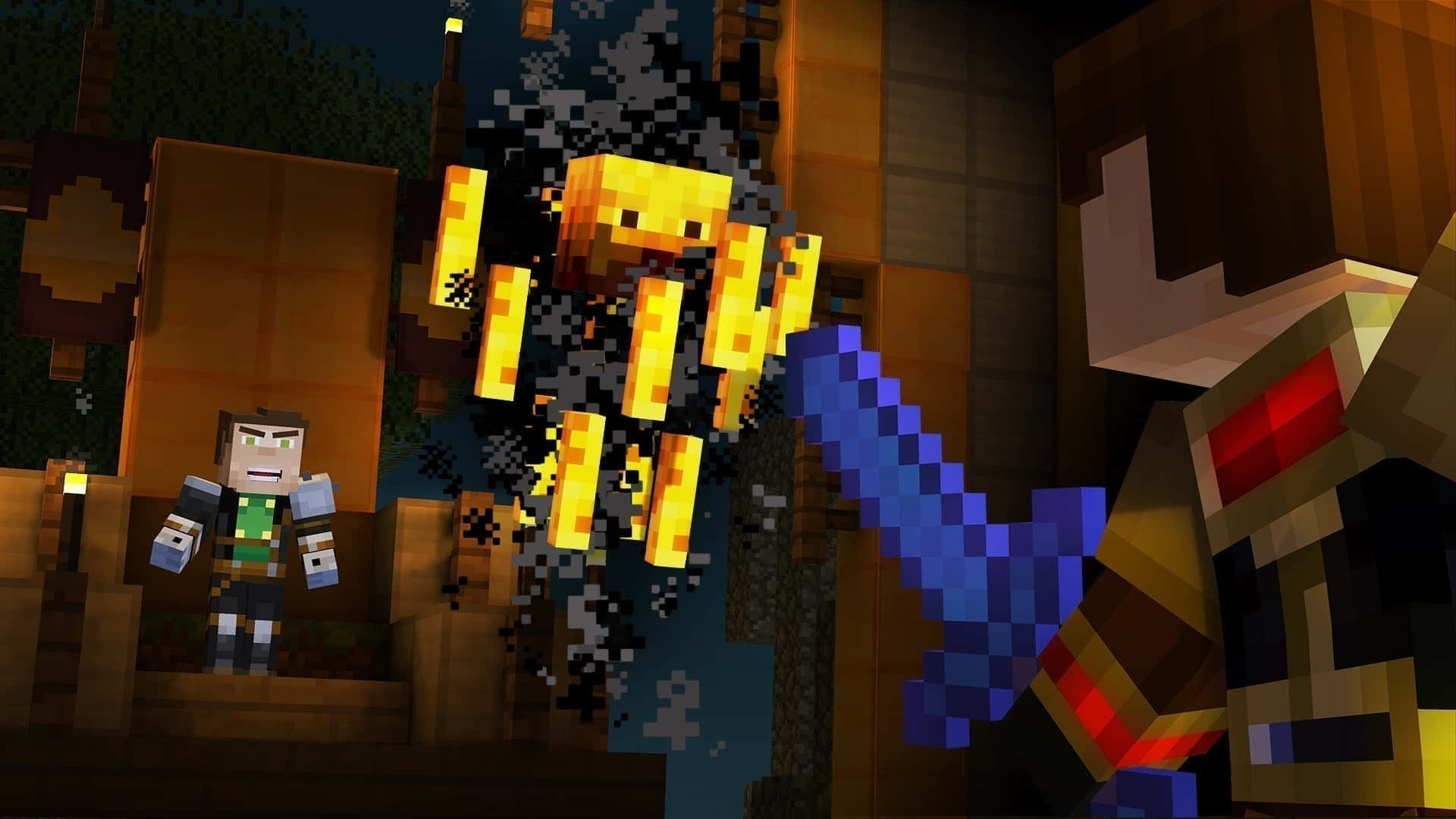 Minecraft Story Mode 桌布 壁紙 — 像素化的Minecraft玩家在夜間於木結構中與發光的苦力怕戰鬥。