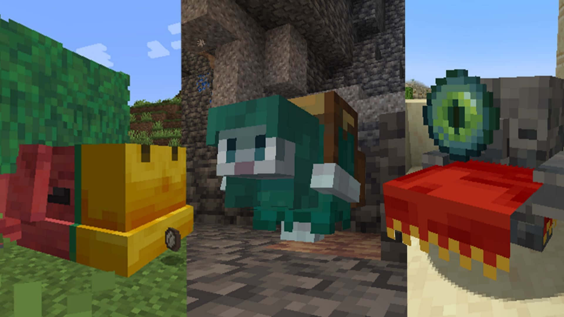 Minecraft Mods 桌布 壁紙 — 像素化的Minecraft生物和車輛，在一個有石頭結構和草的方塊戶外場景中。