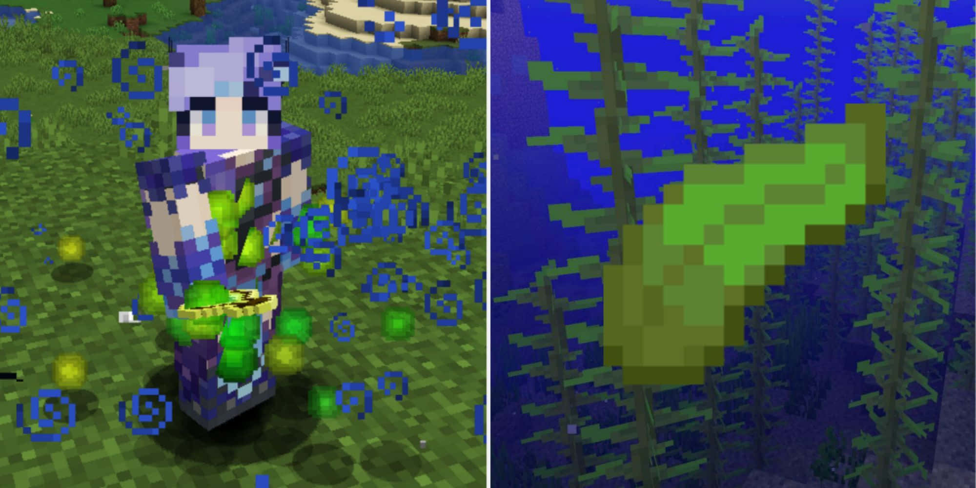 Minecraft Farming 桌布 壁紙 — 像素化的Minecraft角色，紫色頭髮和綠色服裝，站在草地生物群落中，旁邊有發光的藍色漩渦和一條在水下游泳的魚。