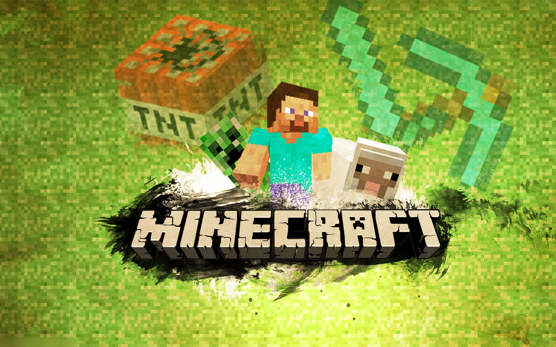 型格 Minecraft 桌布 壁紙 — 像素化的Minecraft角色Steve和一隻羊站在TNT方塊和Creeper旁邊，背景是綠色草地。