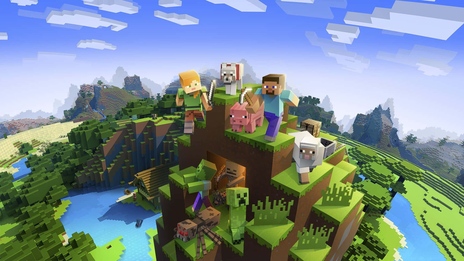 Minecraft Mods 桌布 壁紙 — 像素化的Minecraft角色和動物站在一個長滿草的懸崖上，俯瞰著一個充滿活力的方塊景觀，有河流和遠處的山脈。