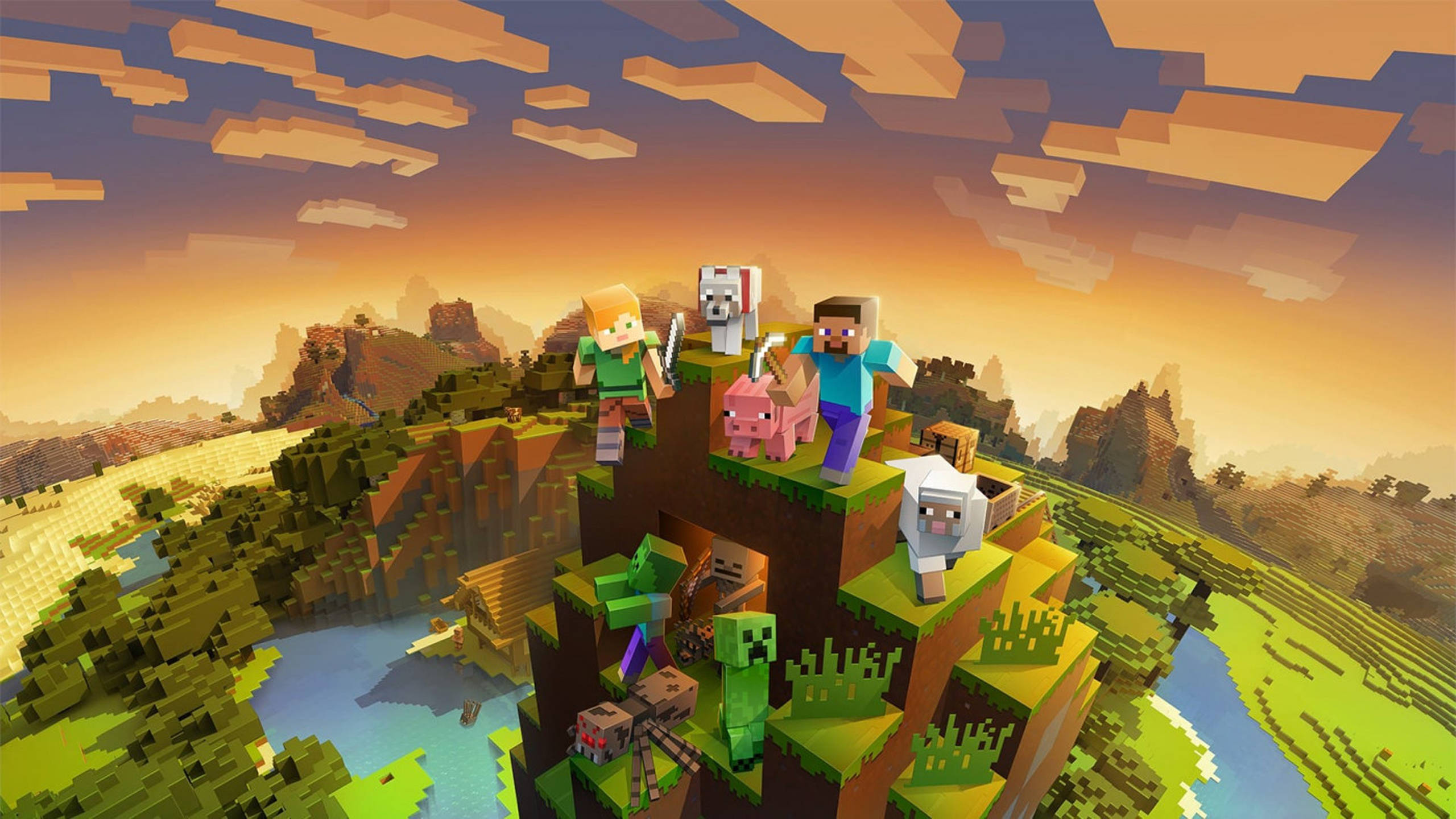 2560x1440 Minecraft 桌布 壁紙 — 像素化的Minecraft角色和動物站在長滿青草的懸崖上，俯瞰著日落時分充滿活力的方塊景觀。