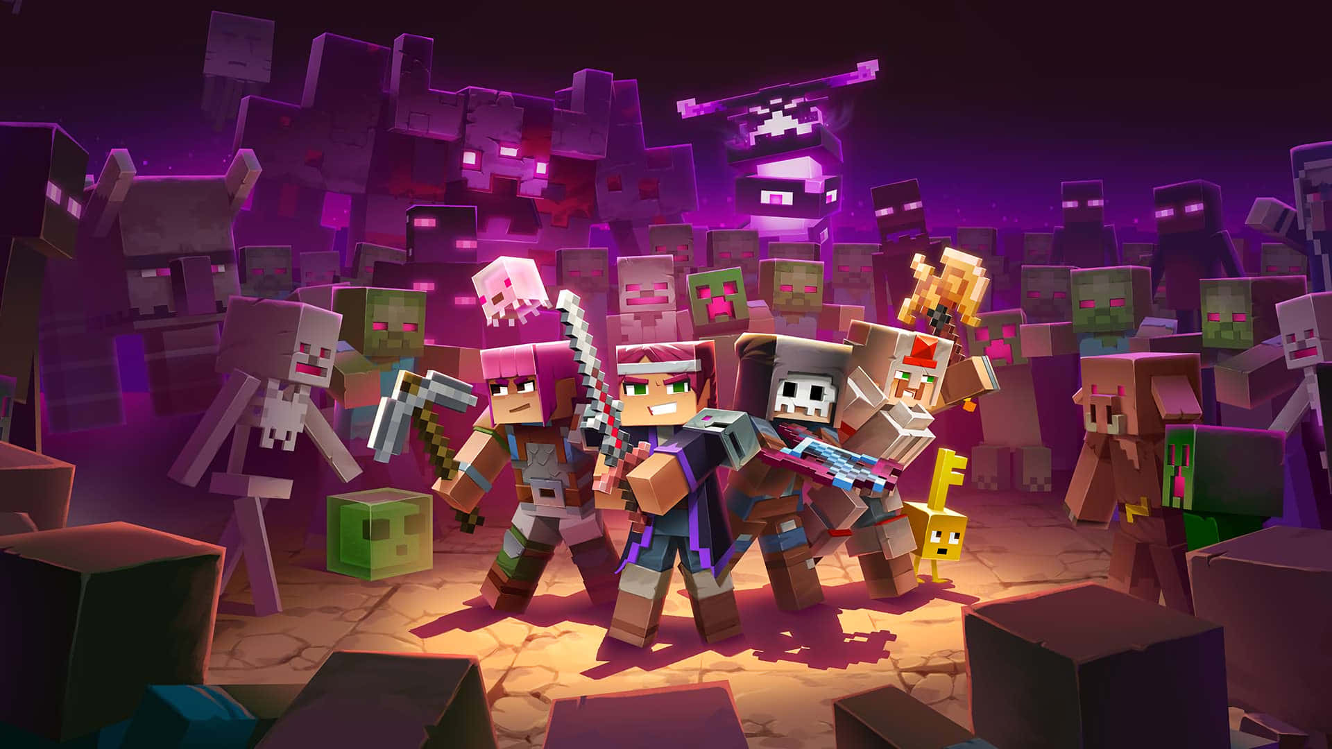 Minecraft Fan Art 桌布 壁紙 — 像素化的Minecraft角色在方塊地牢中與發光的紫色殭屍戰鬥，燈光效果戲劇化。