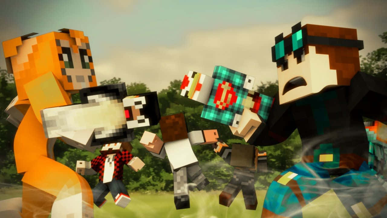 Minecraft Youtubers 桌布 壁紙 — 像素化的Minecraft角色在充滿活力的戶外戰鬥中碰撞，色彩鮮豔並帶有動態模糊效果。