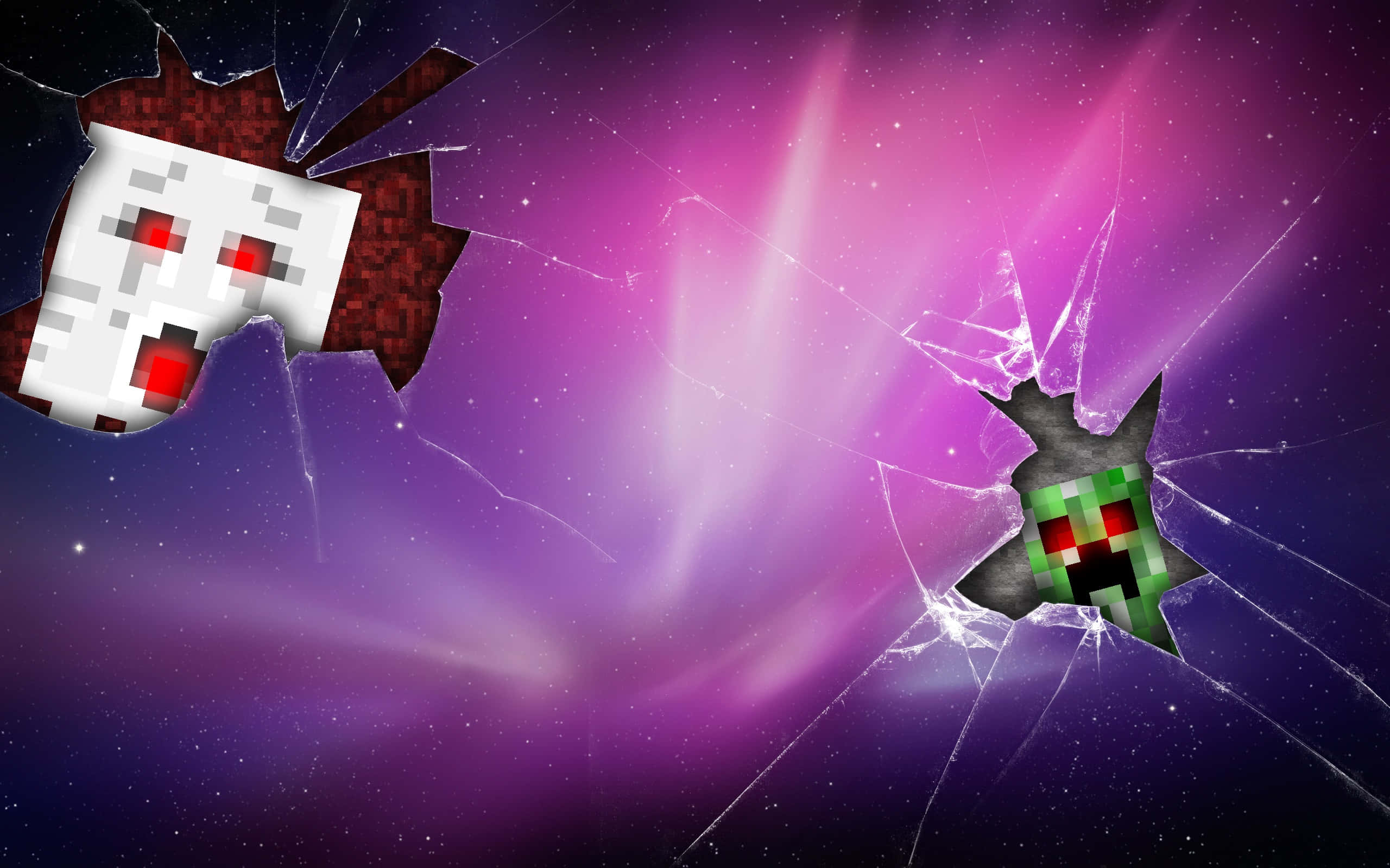 Minecraft Ghast 桌布 壁紙 — 像素化的Minecraft角色在充滿活力的紫色宇宙背景上突破碎裂玻璃效果。