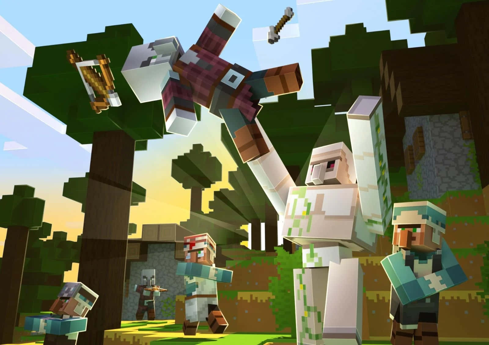 Minecraft Iron Golem 桌布 壁紙 — 像素化的Minecraft角色在黃金日落時分於方塊森林中與巨型殭屍戰鬥。