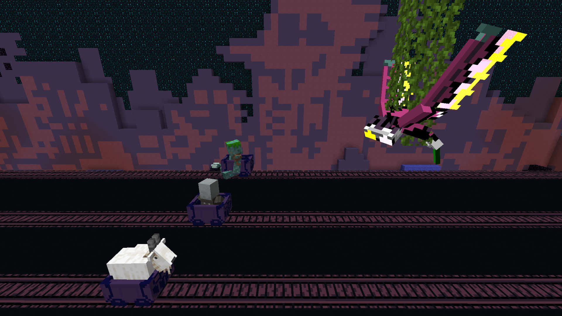 Minecraft Fight 桌布 壁紙 — 像素化的Minecraft角色在星空下乘坐礦車，頭頂有一條飛龍。