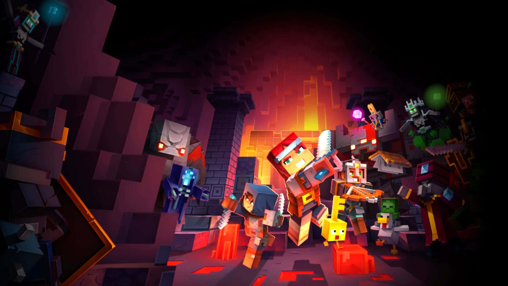Minecraft Fan Art 桌布 壁紙 — 像素化的Minecraft角色在充滿熔岩和石塊的熾熱地下洞穴中與發光的怪物戰鬥。